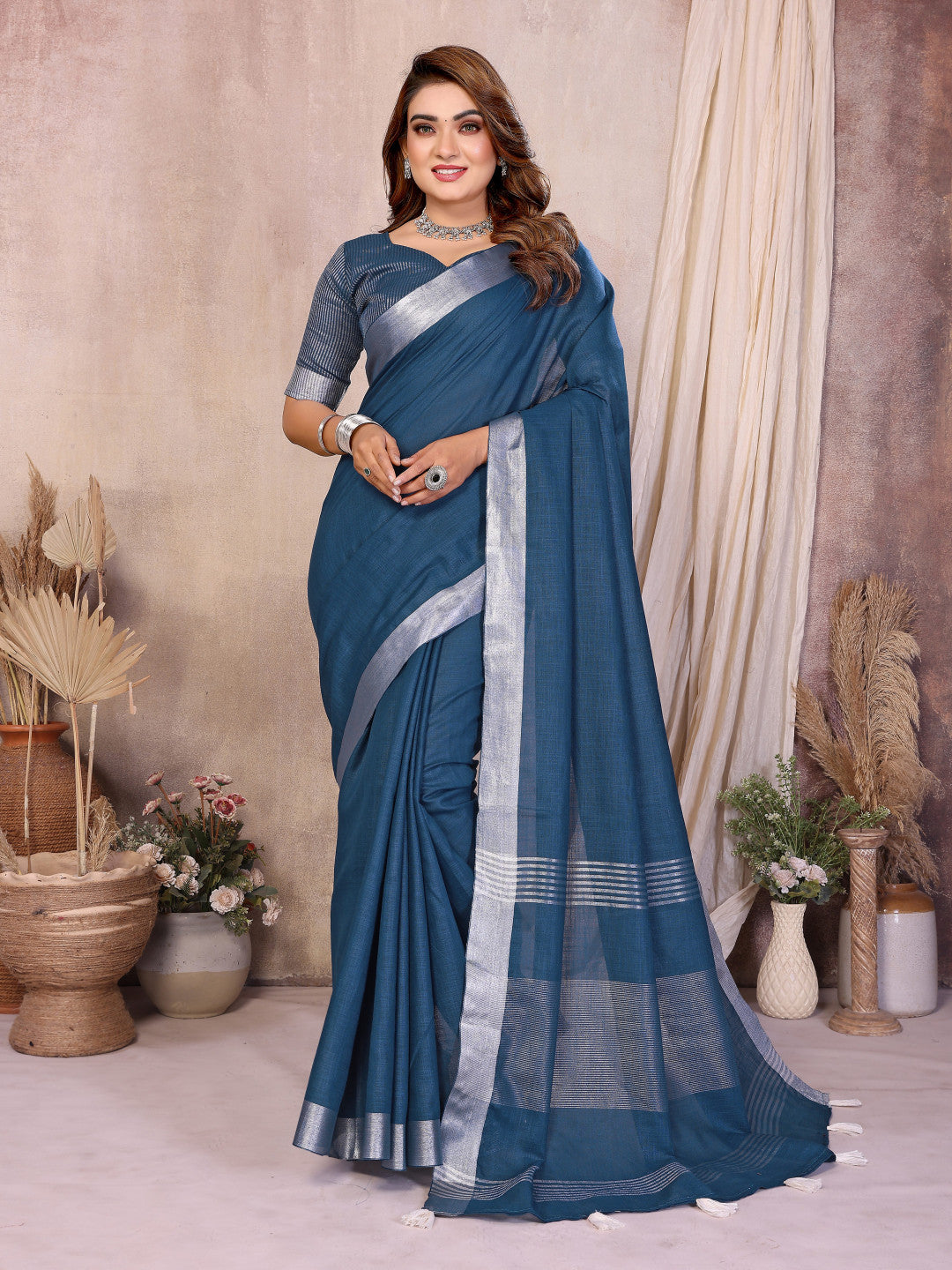 Firoji Linen Cotton Saree With Silver Zari Border