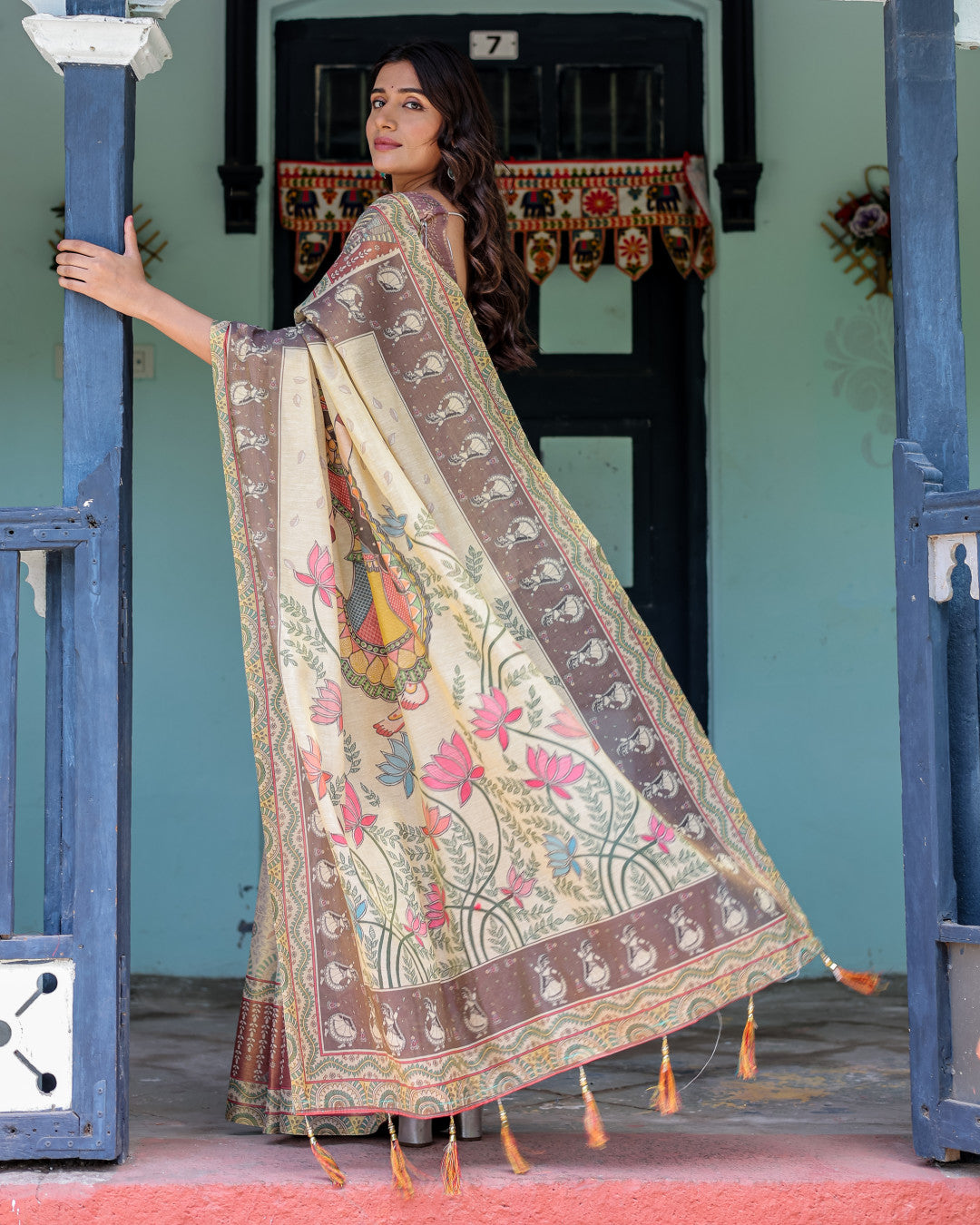 Multi Color Kalamkari Digital Printed Linen Cotton Saree | Summer Casual & Ethnic Wear – JaipurSaaj