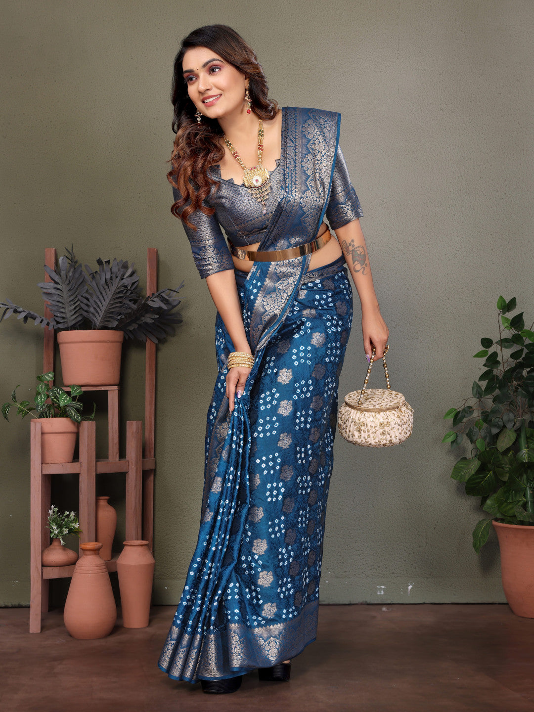 Firoji Bandhej Silk Saree With Zari Weaving Work | Wedding & Festive Wear – JaipurSaaj