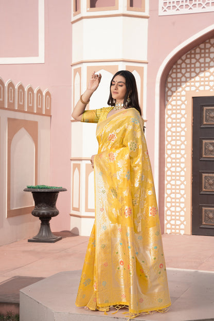 Yellow Banarasi Cotton Silk Saree With Zari Woven Work
