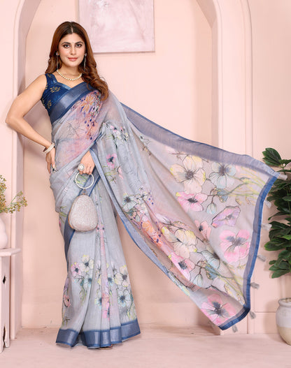 Multi Linen Cotton Saree With Digital Printed Work And Silver Zari Border