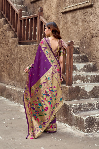 Traditional Magenta Paithani Silk Saree With Zari Weaving Work
