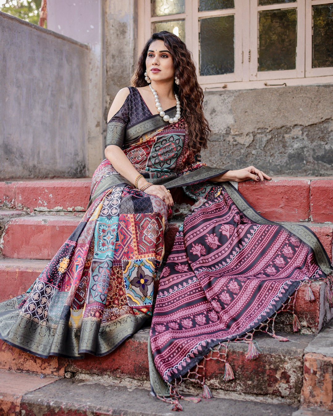Multi Color Tussar Silk Saree With Digital Kalamkari Print & Zari Motif Border | Casual & Festive Wear – JaipurSaaj