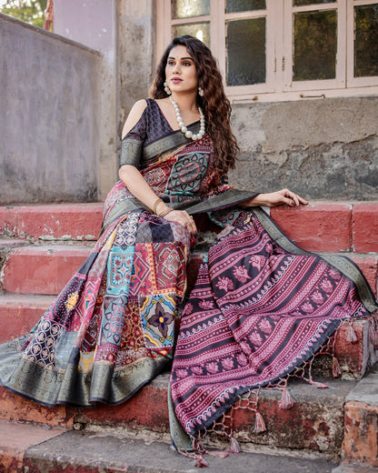 Multi Color Tussar Silk Saree With Digital Kalamkari Print & Zari Motif Border | Casual & Festive Wear – JaipurSaaj