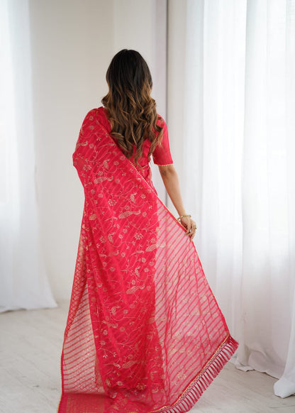 Pink Color Georgette Saree With Digital Printed Work And Lace Border