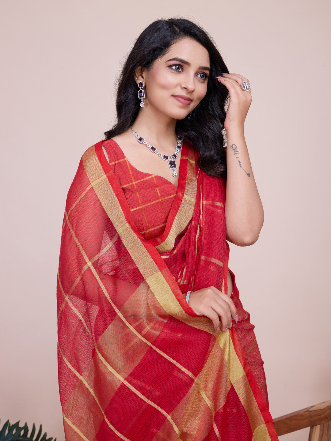 Red Kota Doriya Saree With Zari Weaving Work