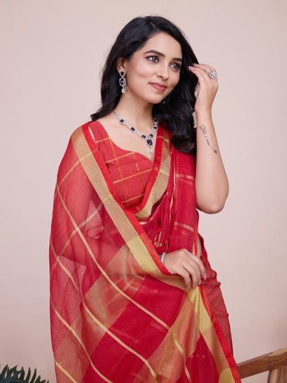 Red Kota Doriya Saree With Zari Weaving Work
