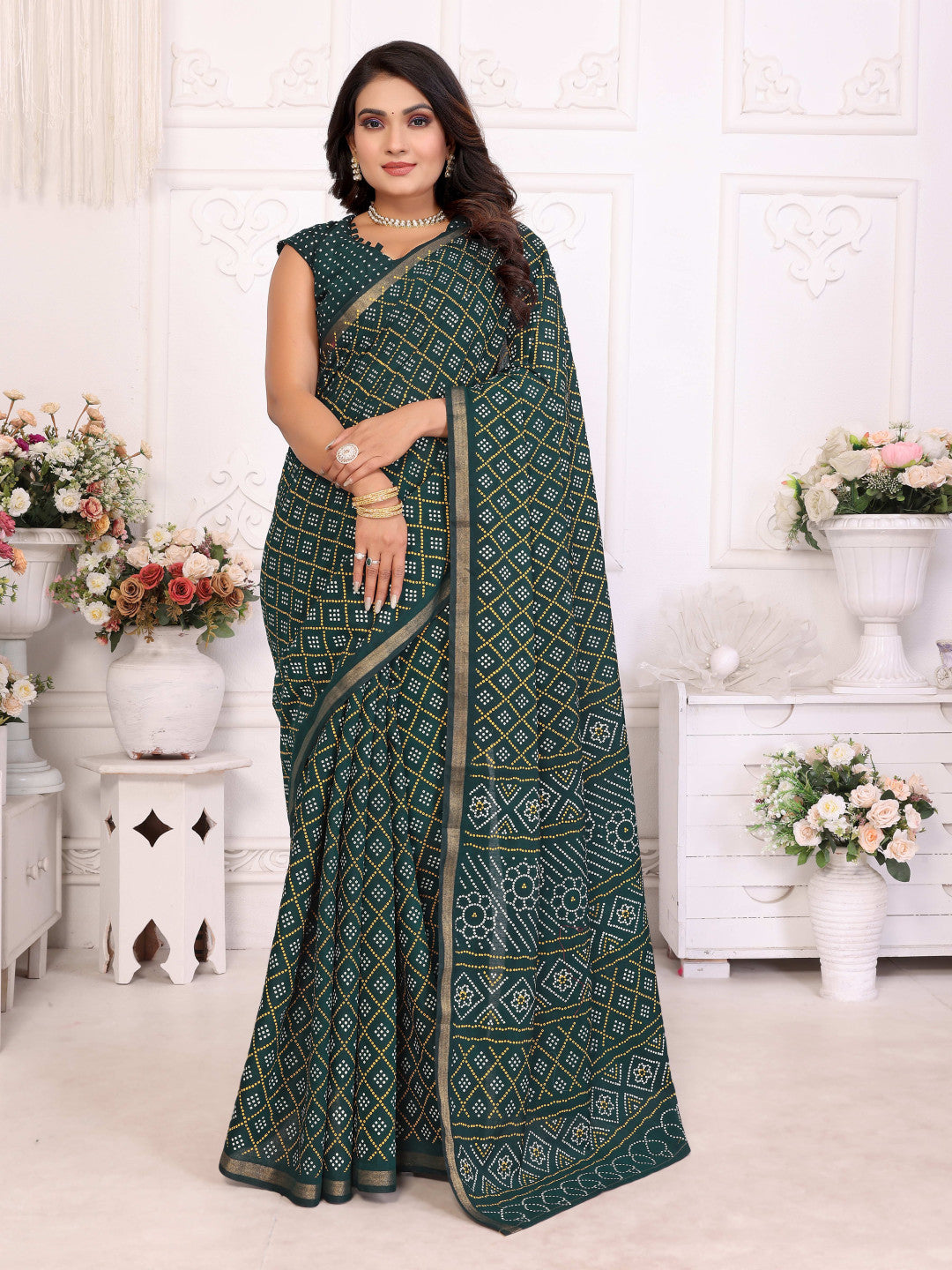 Green Bandhej Printed Soft Cotton Saree With Zari Border | Traditional Festive Ethnic Wear – JaipurSaaj