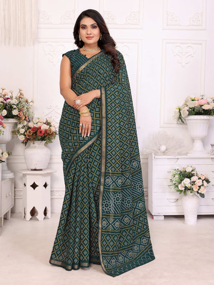Green Bandhej Printed Soft Cotton Saree With Zari Border | Traditional Festive Ethnic Wear – JaipurSaaj