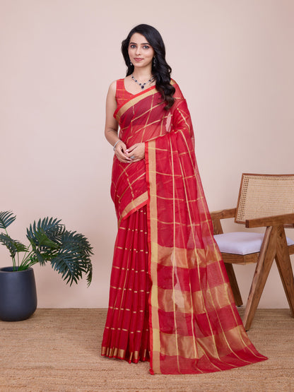 Red Kota Doriya Saree With Zari Weaving Work