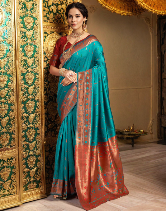 Traditional Firoji Paithani Silk Saree With Zari Weaving Work