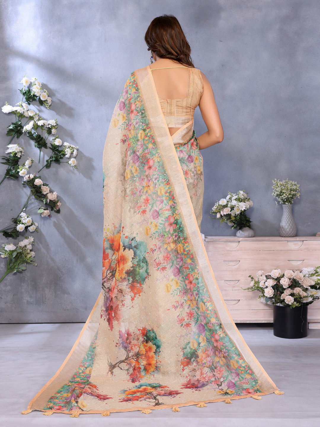 Beige Linen Cotton Saree With Digital Printed Work And Silver Zari Border
