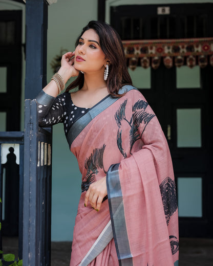 Pink Floral Digital Printed Linen Cotton Saree | Office & Casual Ethnic Wear – JaipurSaaj