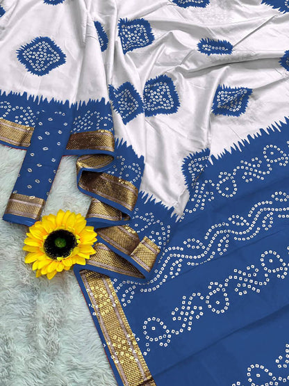Sky Blue Mulmul Cotton Saree With Bandhani Block Print & Zari Border | Ethnic Festive Wear – JaipurSaaj
