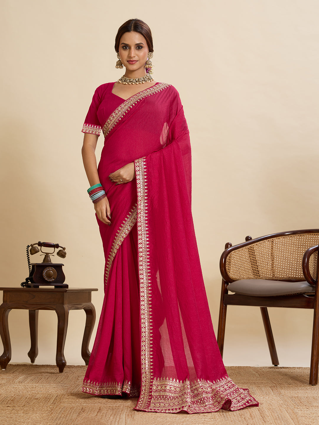 Rani Pink Soft Vichitra Silk Saree With Embroidery Work | Bridal Wedding & Festive Wear – JaipurSaaj