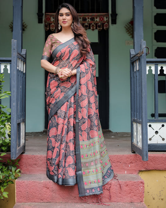 Multi Floral Digital Printed Linen Cotton Saree