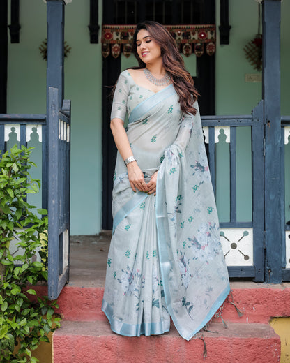 Pastel Green Floral Digital Printed Linen Cotton Saree | Office & Casual Ethnic Wear – JaipurSaaj