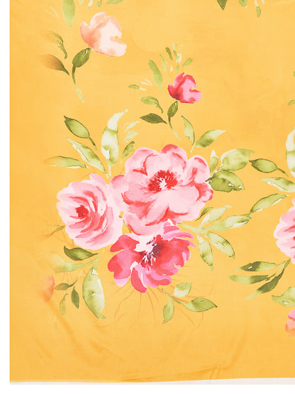 Yellow Soft Chinnon Silk Saree With Digital Printed Work