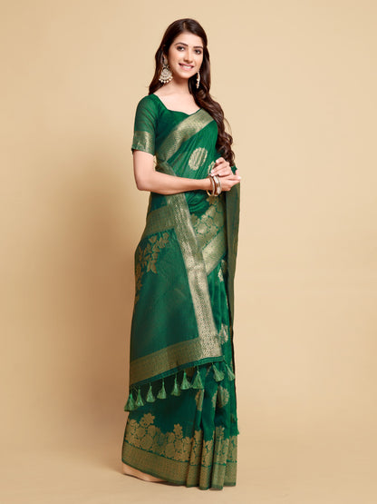 Green Soft Linen Silk Saree With Zari Weaving Work | Traditional Wedding & Festive Wear – JaipurSaaj