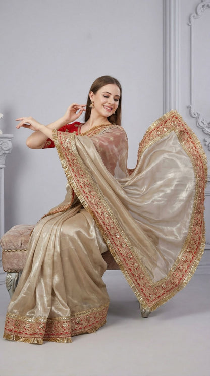 Beige Fancy Space Silk Saree With Embroidered Sequin Lace Border | Party & Wedding Wear – JaipurSaaj