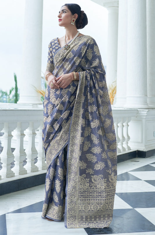 Navy Blue Soft Cotton Saree With Lucknowi Work