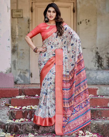 Multi Color Digital Printed Tussar Silk Saree With Zari Motif Border | Designer Festive Ethnic Wear – JaipurSaaj