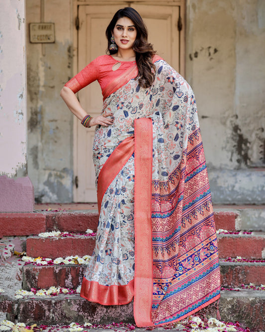 Multi Color Digital Printed Tussar Silk Saree With Zari Motif Border | Designer Festive Ethnic Wear – JaipurSaaj