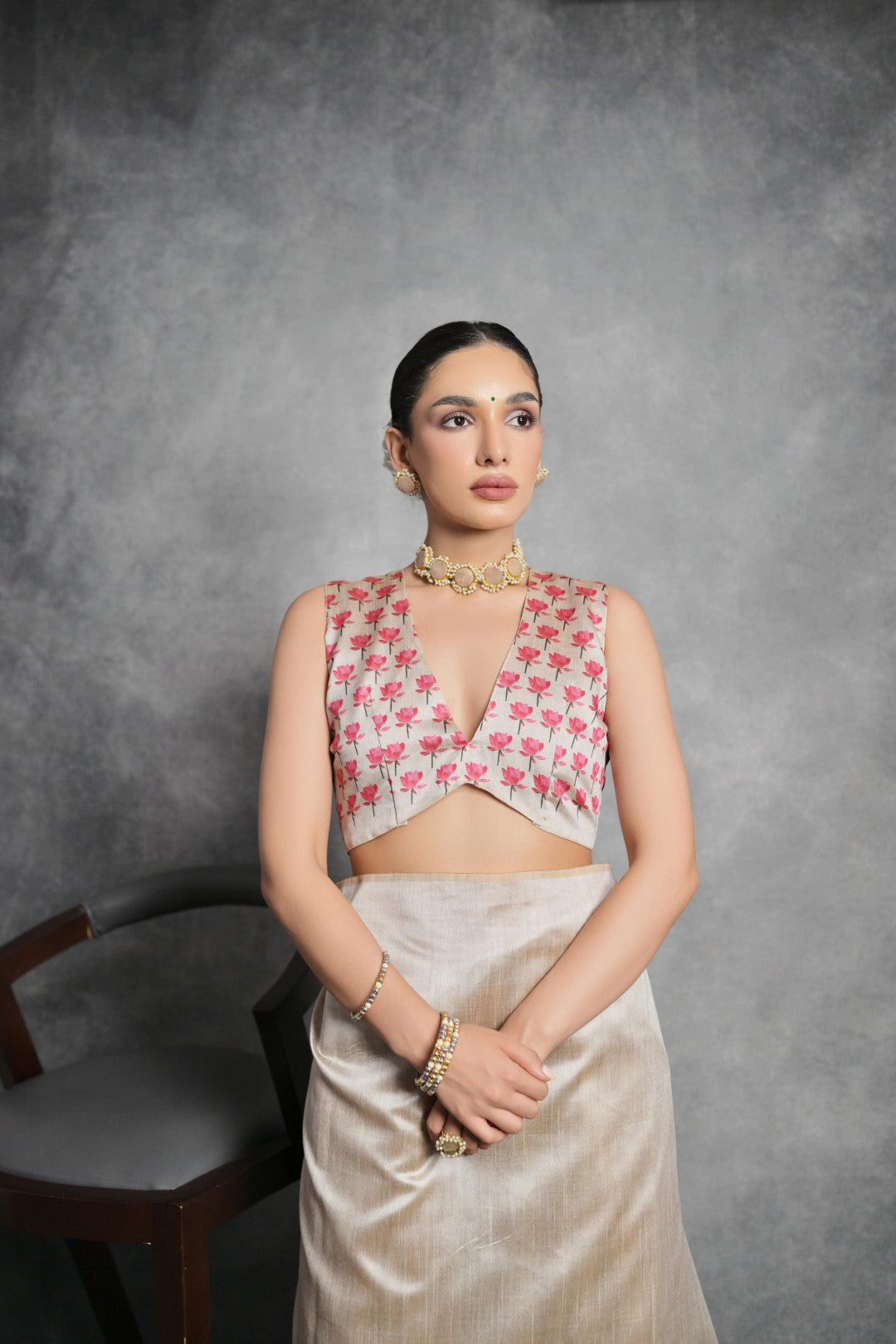 Beige Tussar Silk Saree with Lotus Floral Printed Work | Festive & Party Wear – JaipurSaaj