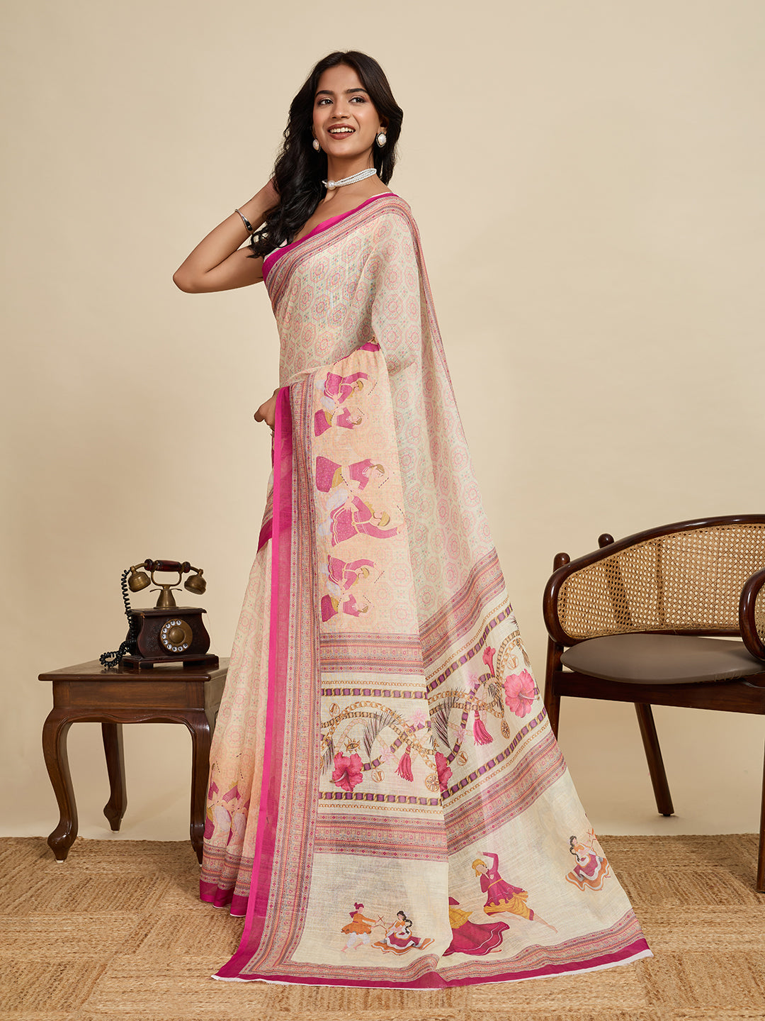 Off White Linen Cotton Saree With Digital Printed Work And Silver Zari Border | Lightweight Festive & Party Wear – JaipurSaaj