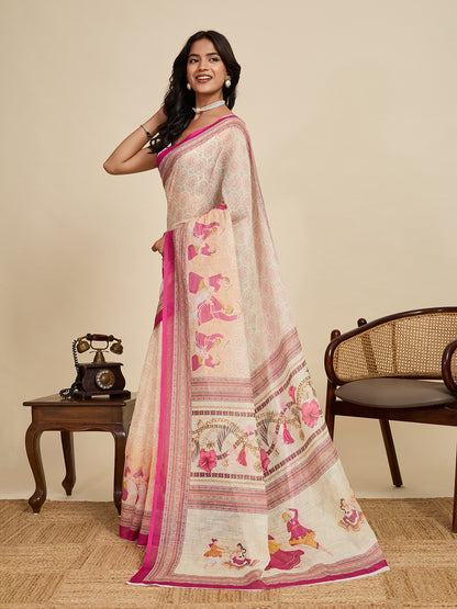 Off White Linen Cotton Saree With Digital Printed Work And Silver Zari Border | Lightweight Festive & Party Wear – JaipurSaaj