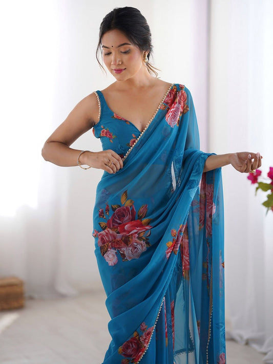 Blue Georgette Saree With Printed Work And Moti Border