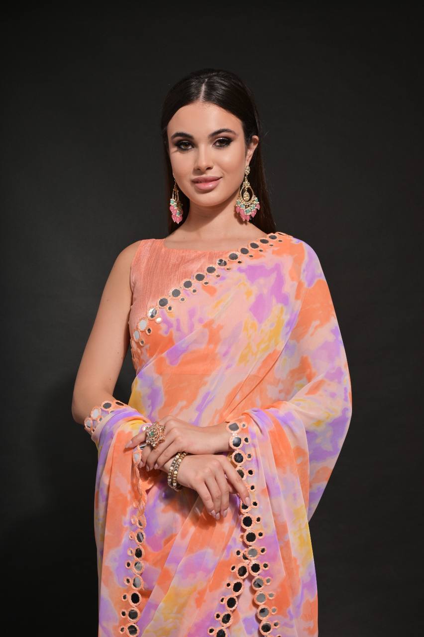 Orange Chiffon Silk Saree with Prism Print & Foil Mirror Work Border | Designer Party Wear – JaipurSaaj