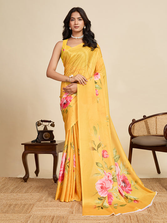 Yellow Soft Chinnon Silk Saree With Digital Printed Work