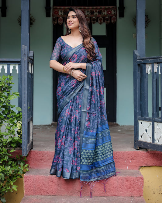 Navy Blue Floral Digital Printed Linen Cotton Saree