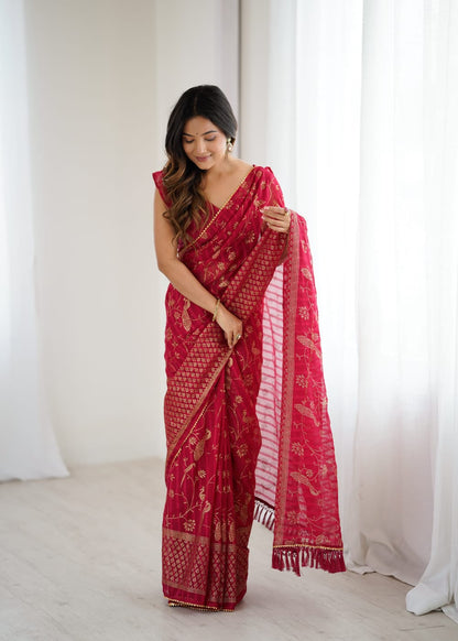 Red Color Georgette Saree With Digital Printed Work And Lace Border