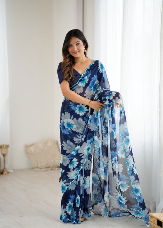 Navy Blue Color Georgette Saree With Printed Work And Mirror Work Border