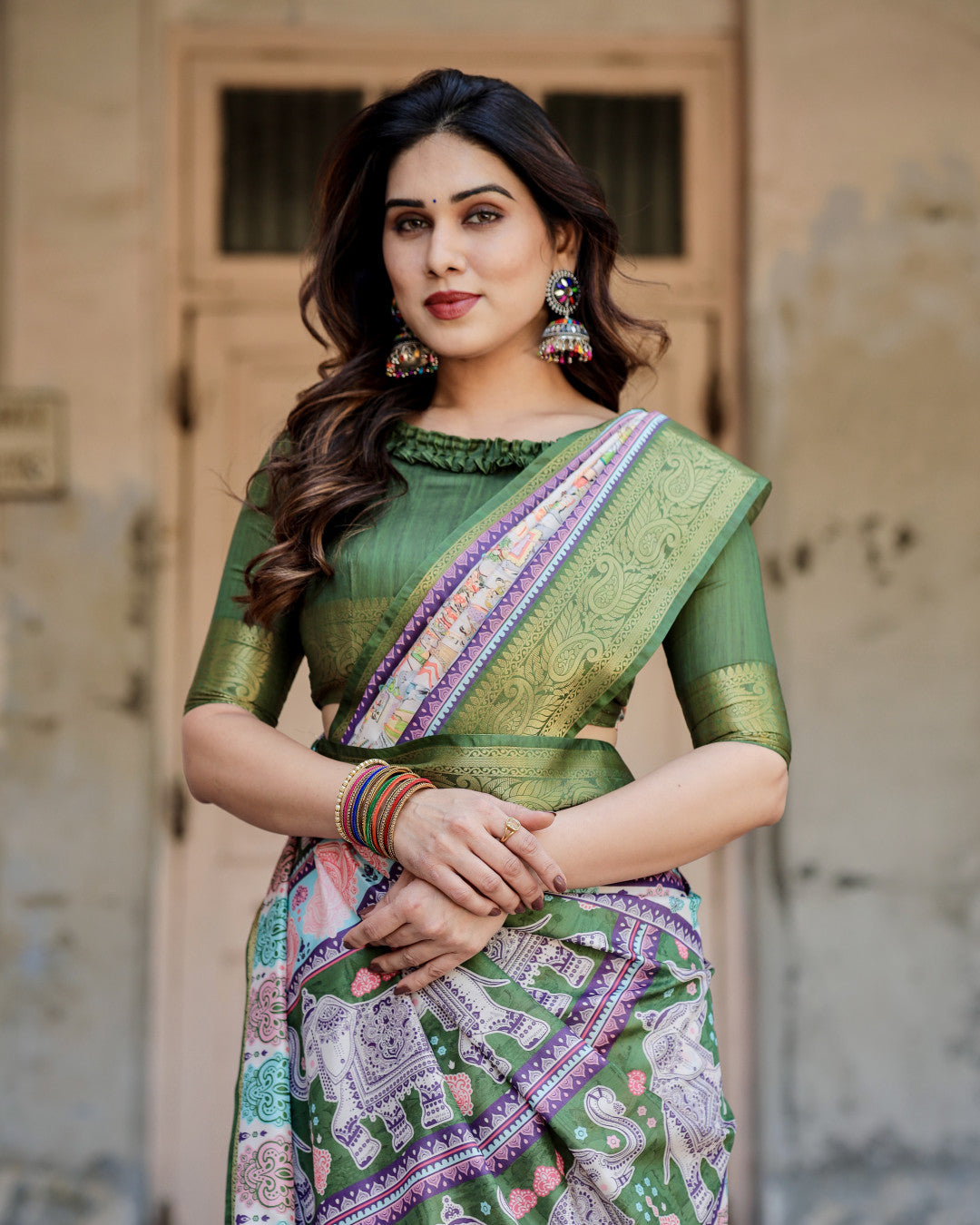 Multi Kalamakari Floral Printed Tussar Silk Saree With Zari Motif Border | Festive Ethnic Wear – JaipurSaaj