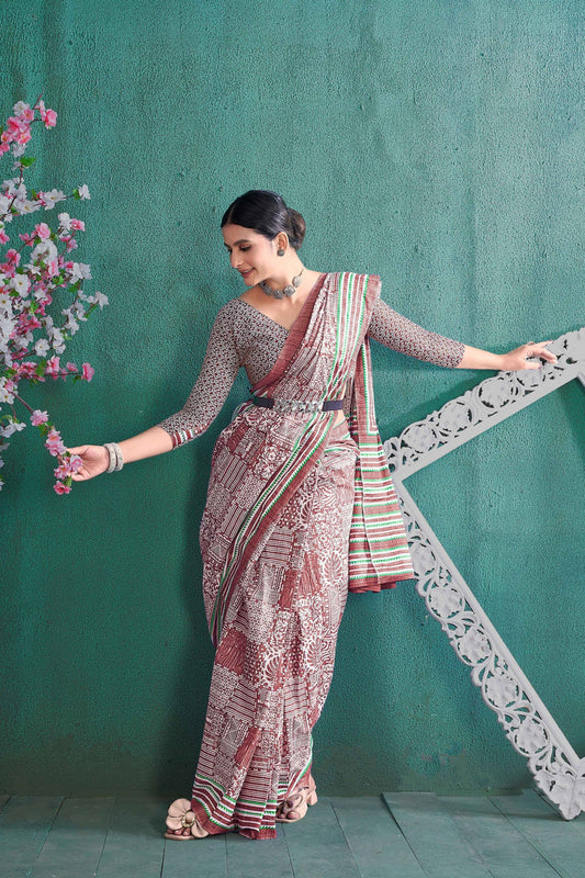 Red Color Soft Pure Cotton Silk Saree With Bagru Print Work