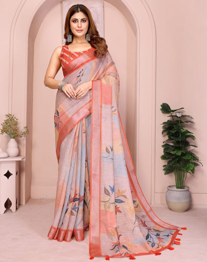 Multi Color Linen Cotton Saree With Digital Printed Work And Silver Zari Border