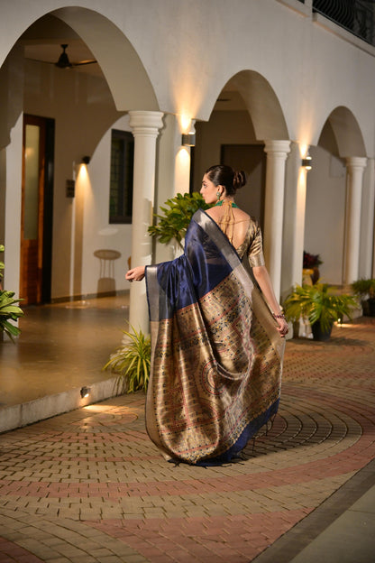Navy Blue Khadi Raw Silk Saree With Beautiful Madhubani Printed Pallu | Party & Wedding Wear – JaipurSaaj