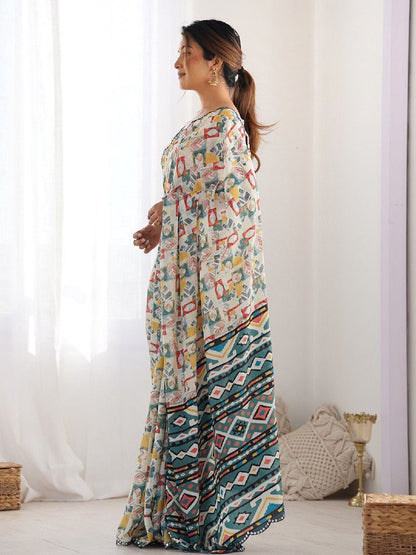 White Georgette Saree With Printed And Mirror Work With Arco Border