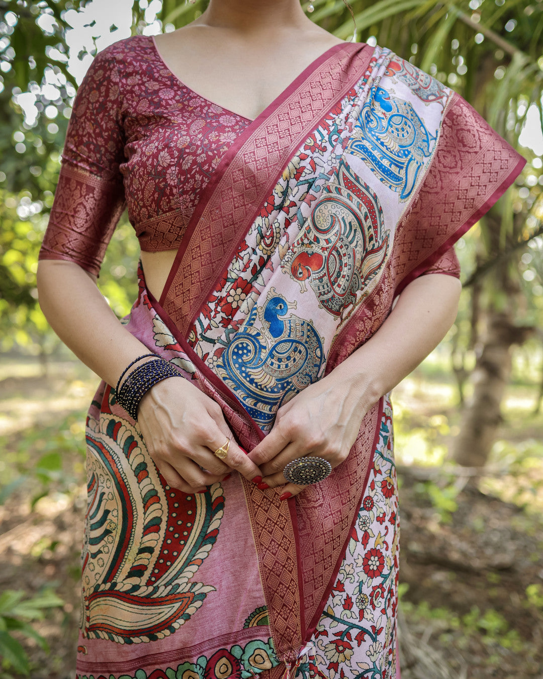 Multi Color Kalamkari Digital Printed Tussar Silk Saree | Designer Festive Ethnic Wear – JaipurSaaj