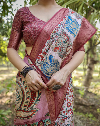 Multi Color Kalamkari Digital Printed Tussar Silk Saree | Designer Festive Ethnic Wear – JaipurSaaj