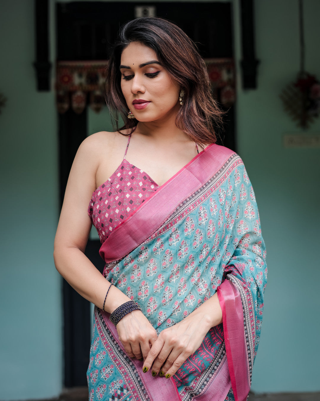 Sky Blue Summer Special Digital Printed Linen Cotton Saree