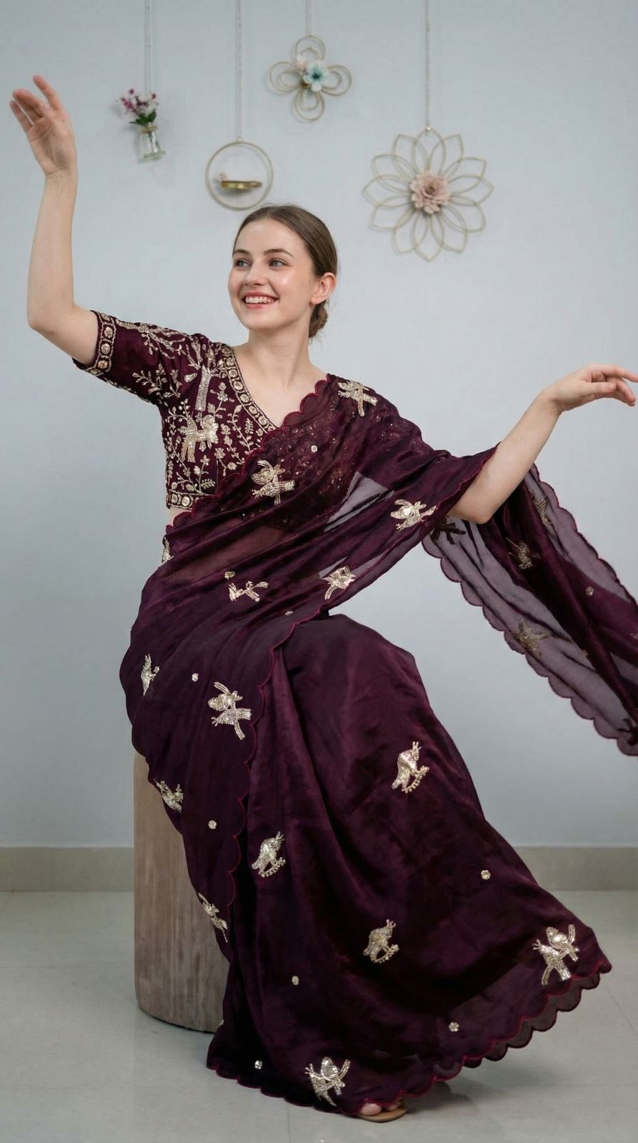 Wine Fandy Satin Silk Saree With Heavy Shine Hand Work &Cutwork Border | Wedding & Party Wear - JaipurSaaj