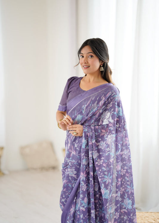 Lavender Linen Cotton Saree With Flower Digital Printed Work