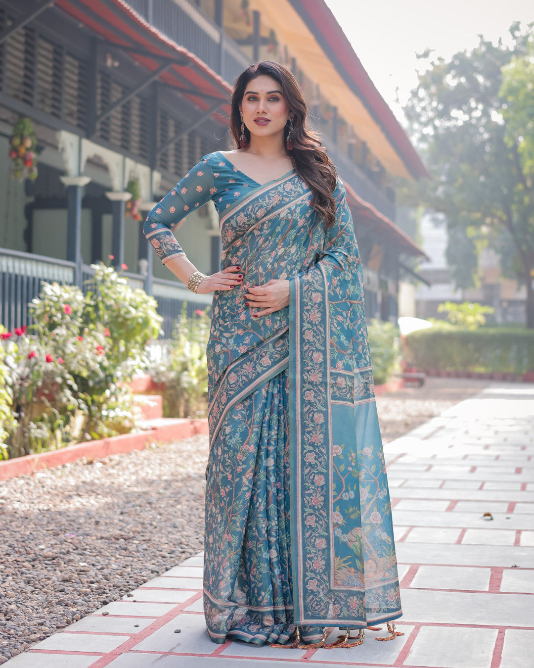 Blue Kalamkari Digital Printed Linen Cotton Saree | Summer Casual & Ethnic Wear – JaipurSaaj