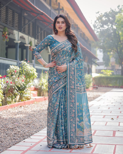 Blue Kalamkari Digital Printed Linen Cotton Saree | Summer Casual & Ethnic Wear – JaipurSaaj