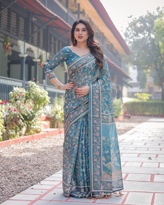 Blue Soft Linen Cotton Saree With Kalamkari Digital Printed Work