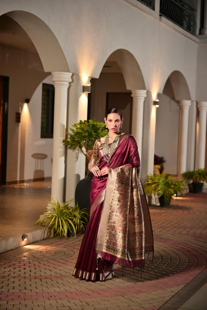 Maroon Khadi Raw Silk Saree With Beautiful Madhubani Printed Pallu | Party & Wedding Wear – JaipurSaaj